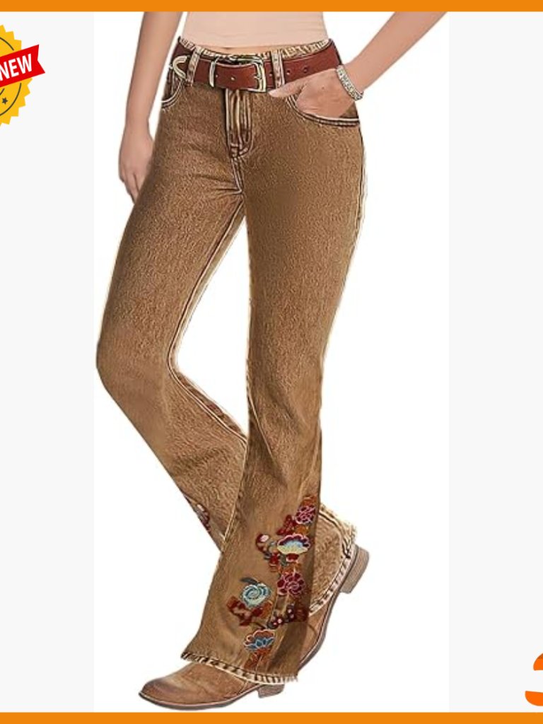 Mid Waist Bootcut Jeans With Floral Embroidery, High Stretch Denim, Pockets